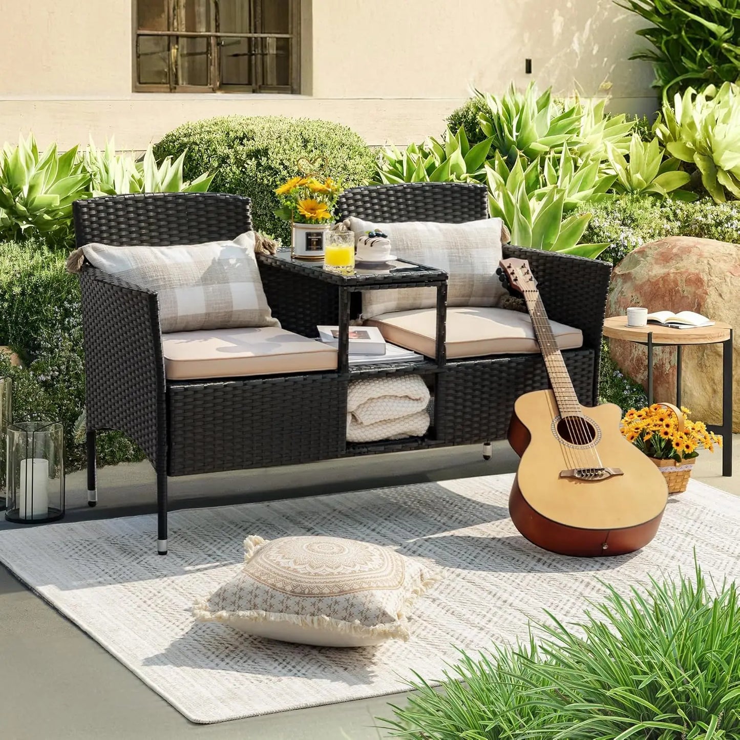 Outdoor Rattan Conversation Set With Cushions And Coffee Table