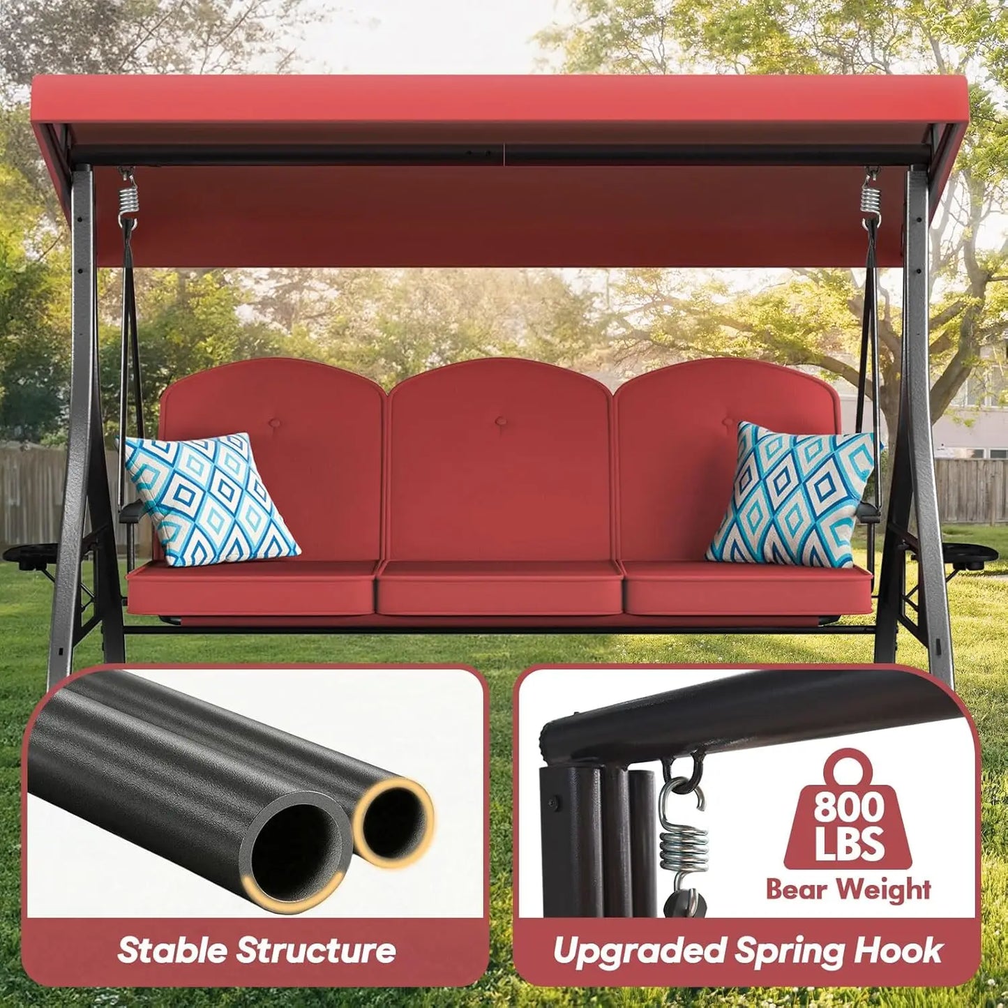 Outdoor 3 Seat Swing With Stand 800lbs 2-In-1 Convertible Canopy
