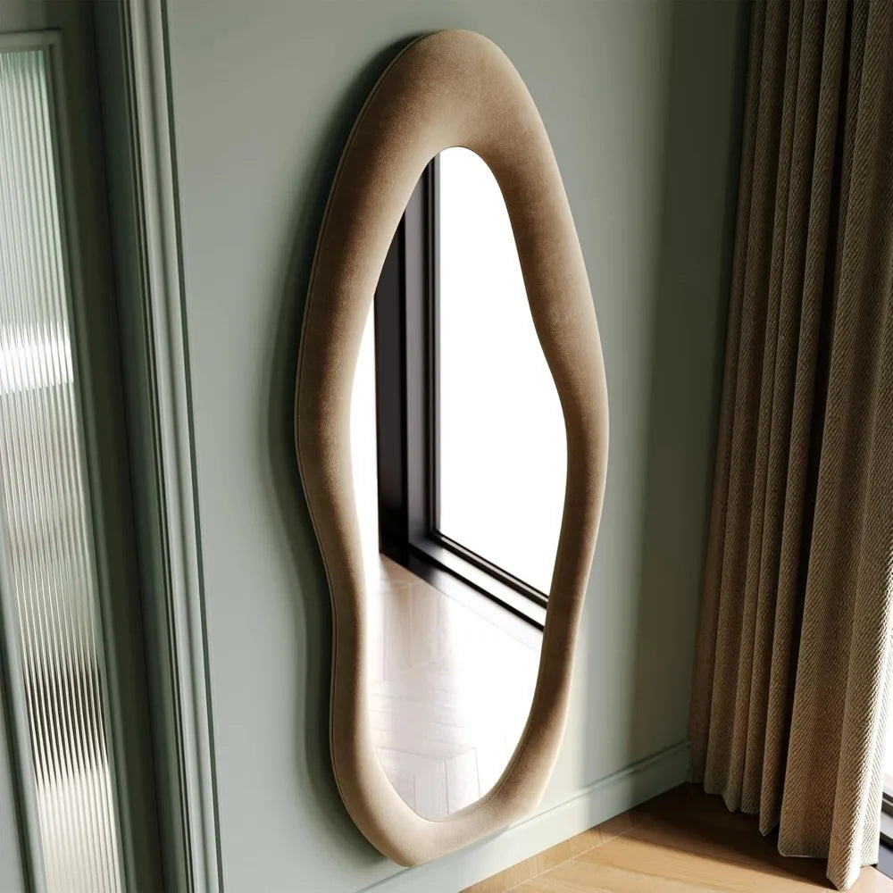Irregular Wave Wall Mirror With Wooden Frame For Dressing Rooms
