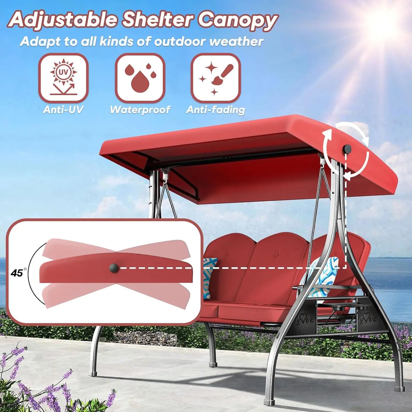 Outdoor 3 Seat Swing With Stand 800lbs 2-In-1 Convertible Canopy