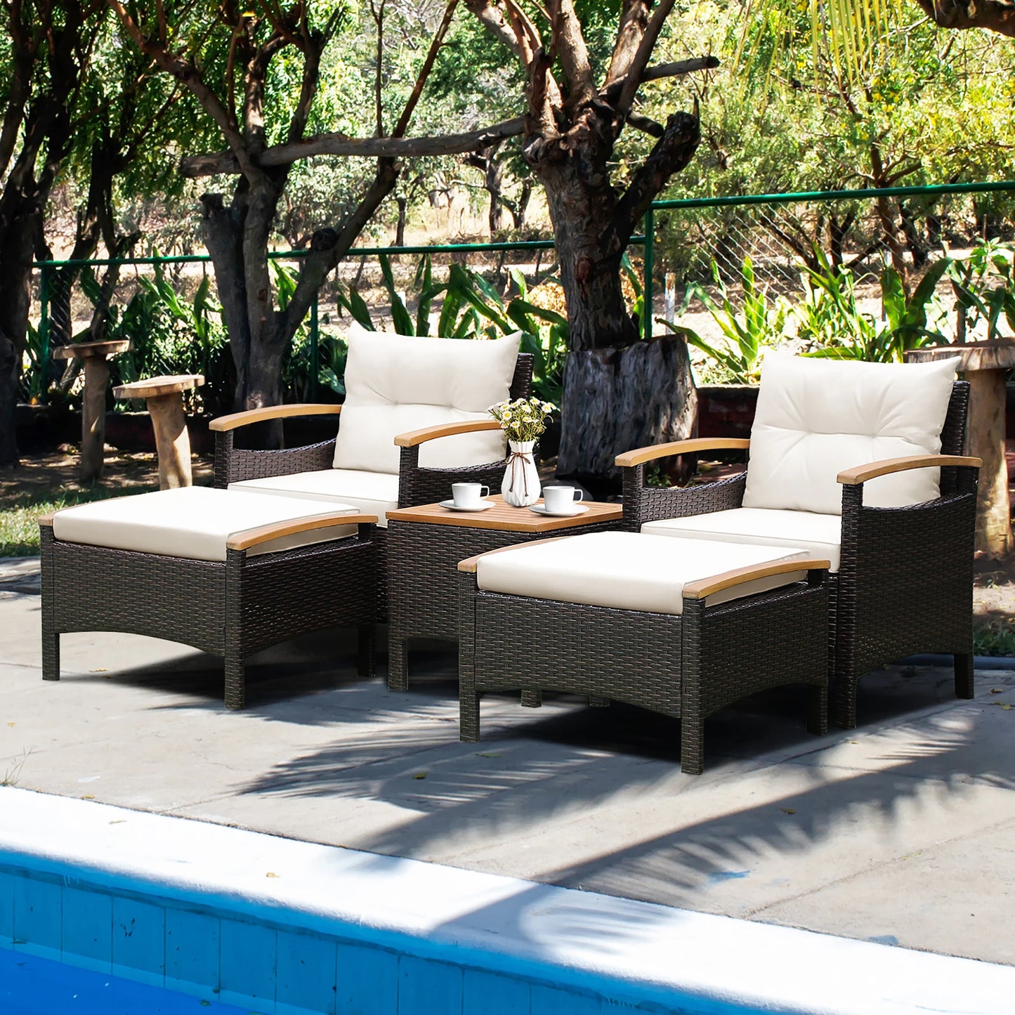 HOMASIS 5-Piece Patio Rattan Furniture Set Sofa Ottoman Cushioned Table