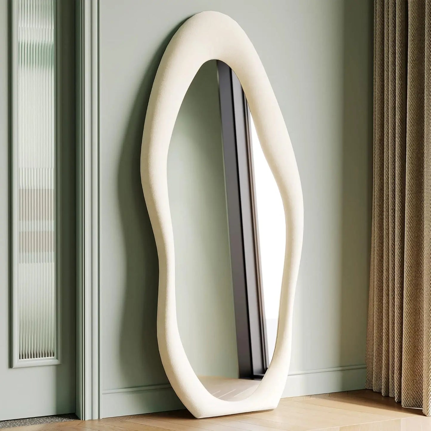 Irregular Wave Wall Mirror With Wooden Frame For Dressing Rooms