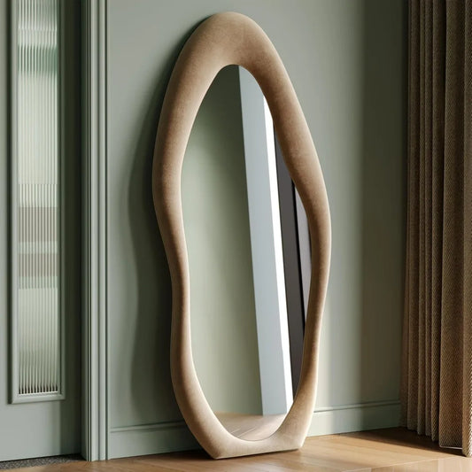 Irregular Wave Wall Mirror With Wooden Frame For Dressing Rooms