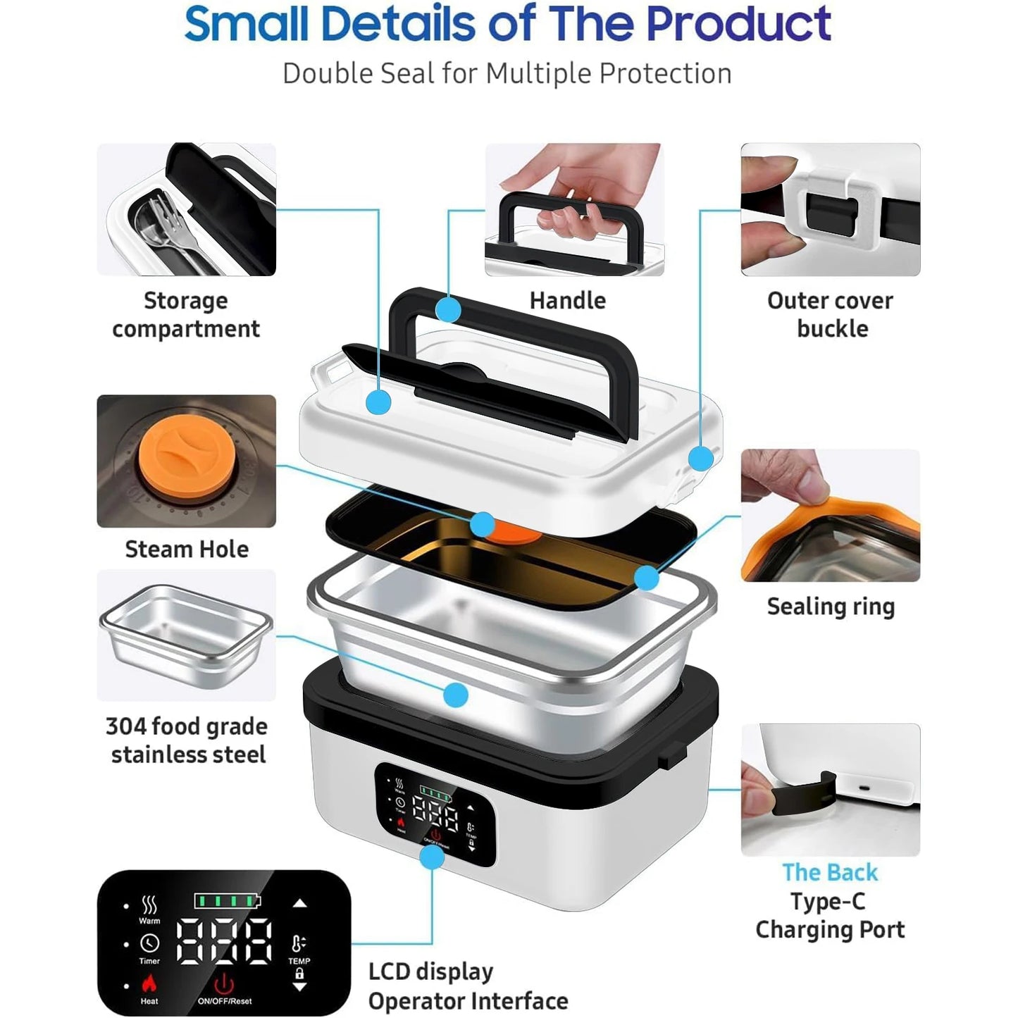 Rechargeable 8000mAh Timer Lunch Box With Fork And Spoon