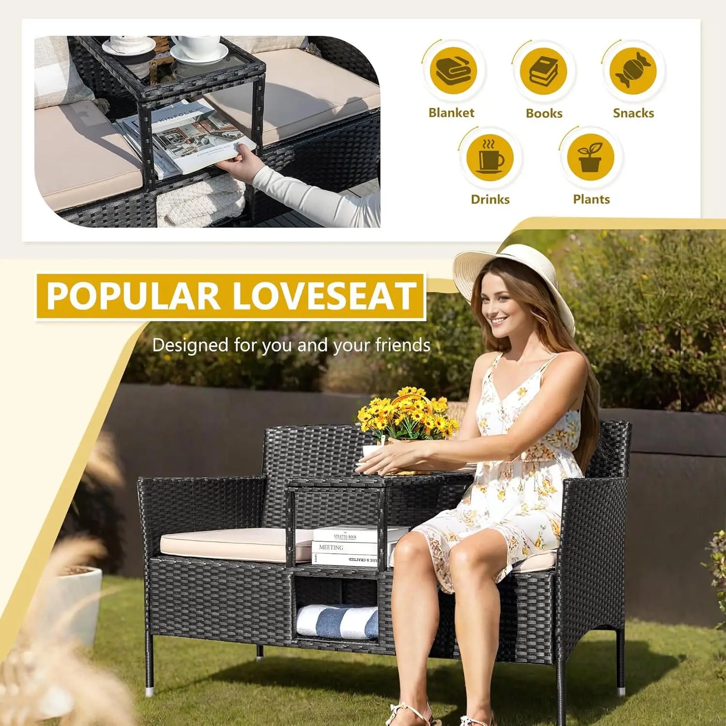 Outdoor Rattan Conversation Set With Cushions And Coffee Table