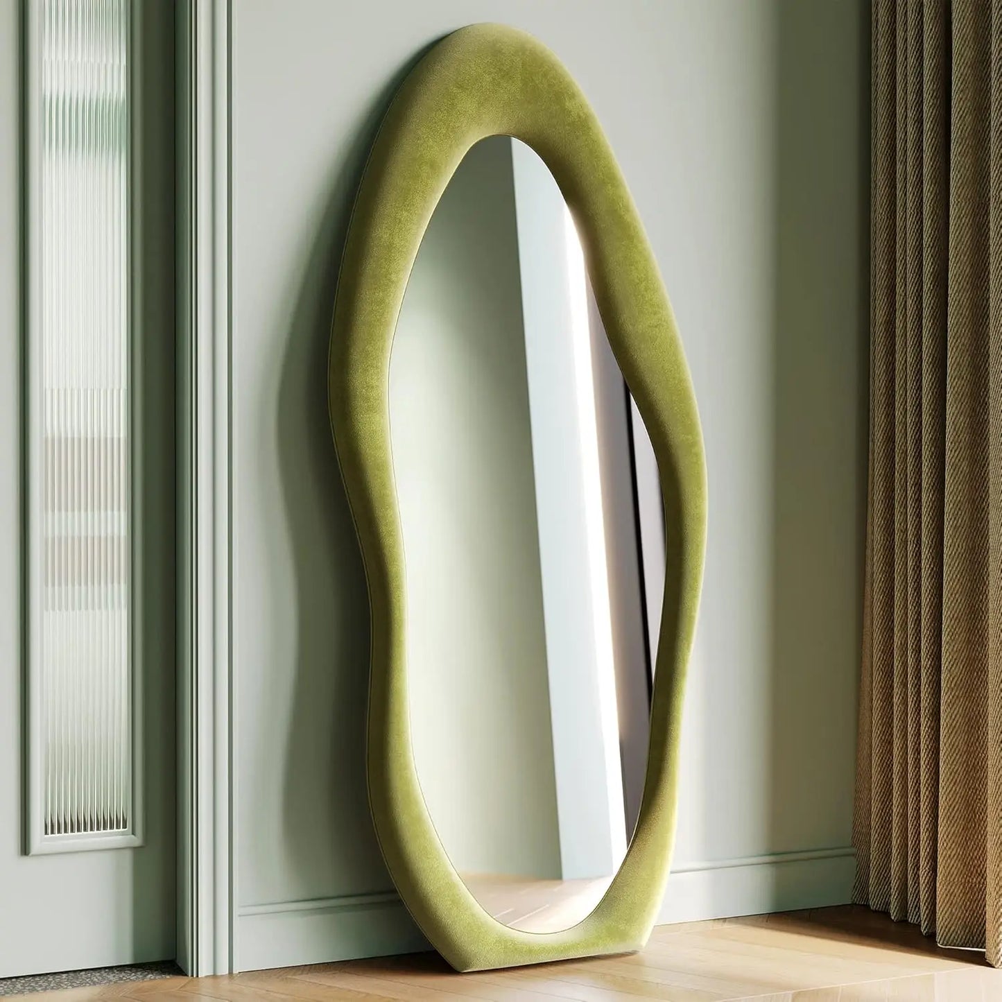 Irregular Wave Wall Mirror With Wooden Frame For Dressing Rooms