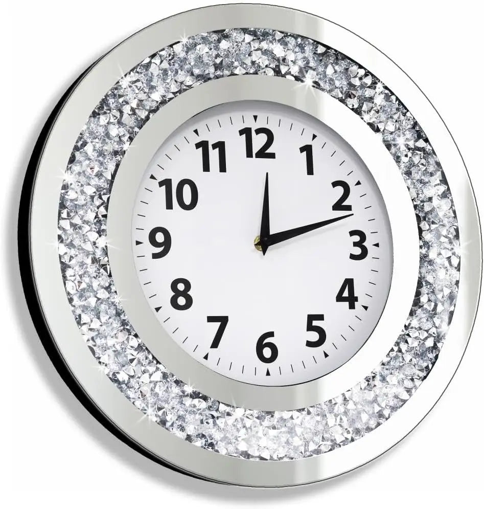 Crystal Diamond Mirror Wall Clock With Silent Quartz Movement