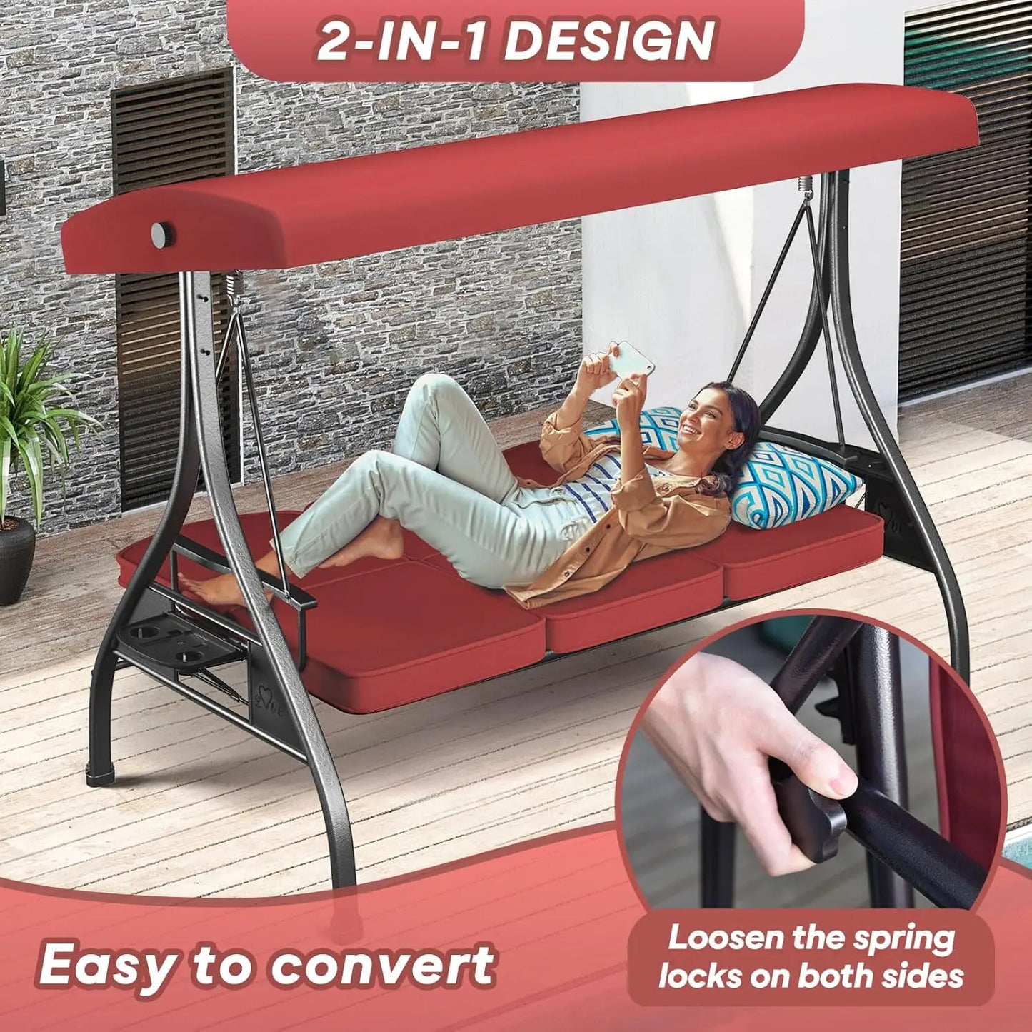 Outdoor 3 Seat Swing With Stand 800lbs 2-In-1 Convertible Canopy