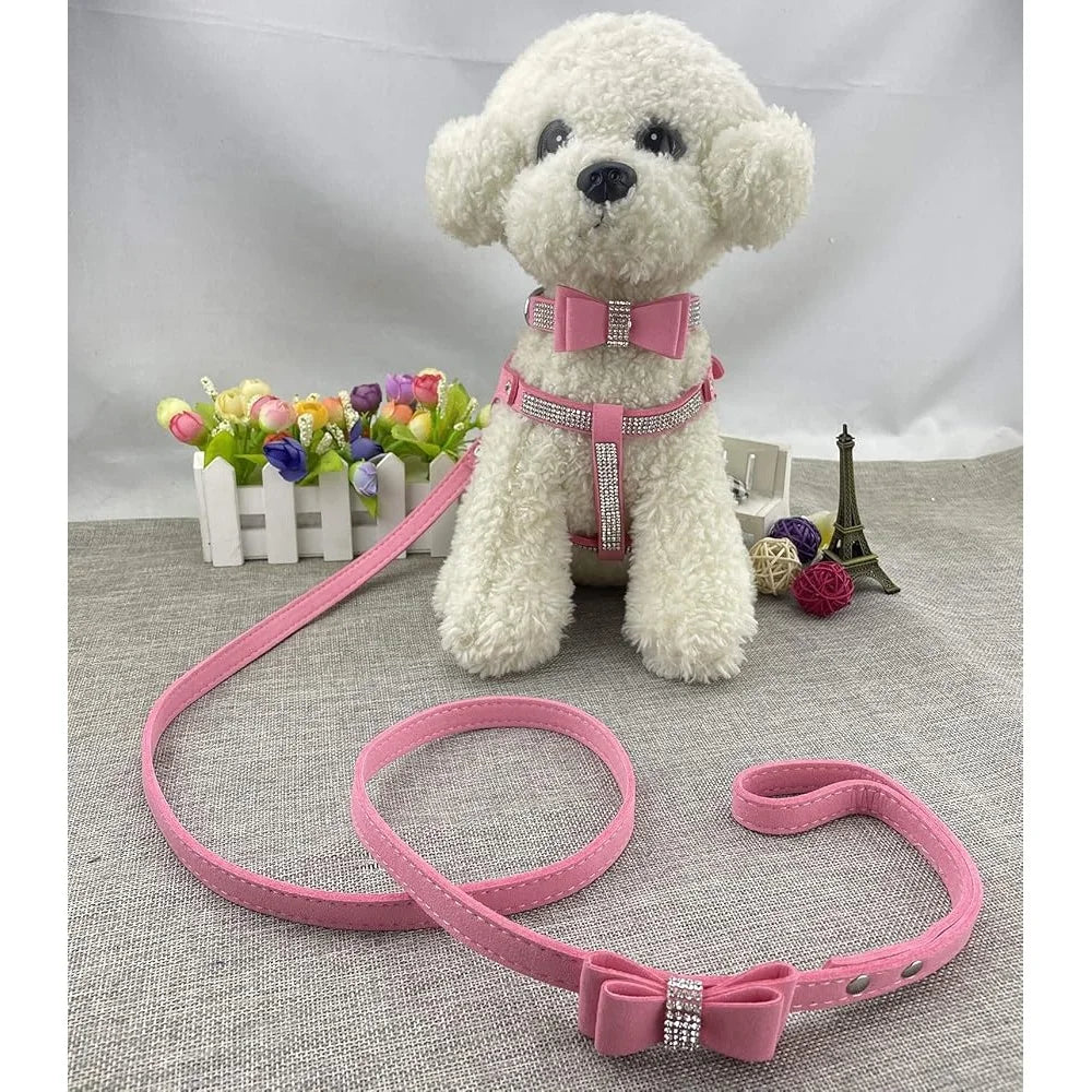 Diamante Bowtie Dog Collar Harness Leash Set Microfiber