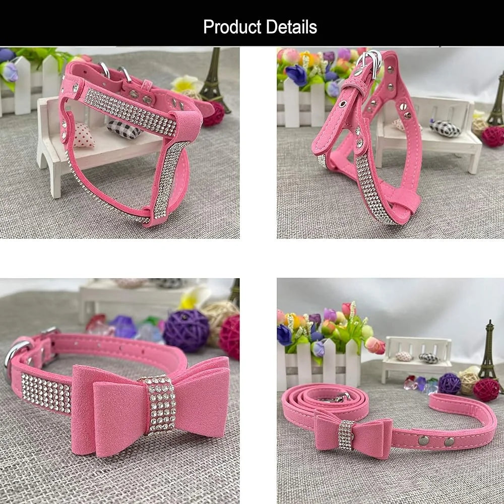 Diamante Bowtie Dog Collar Harness Leash Set Microfiber