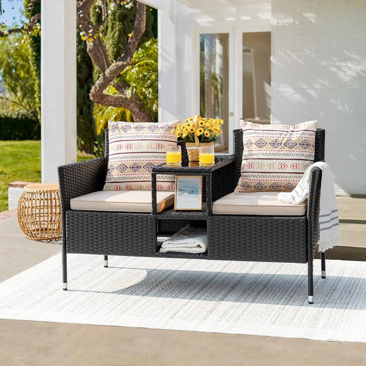 Outdoor Rattan Conversation Set With Cushions And Coffee Table