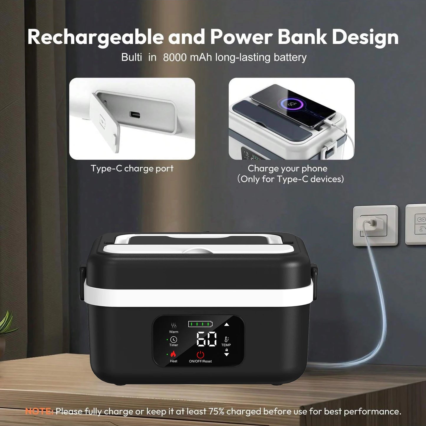 Stainless Steel Wireless Heated Lunch Box 60W 8000mAh Battery