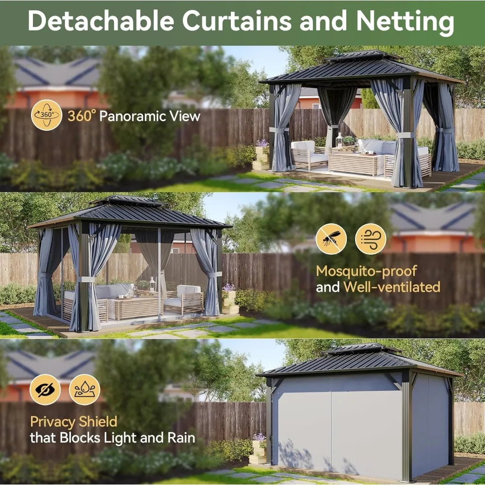 Double Top Gazebo With Galvanized Steel Roof And Privacy Curtains