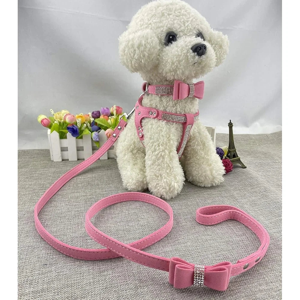 Diamante Bowtie Dog Collar Harness Leash Set Microfiber