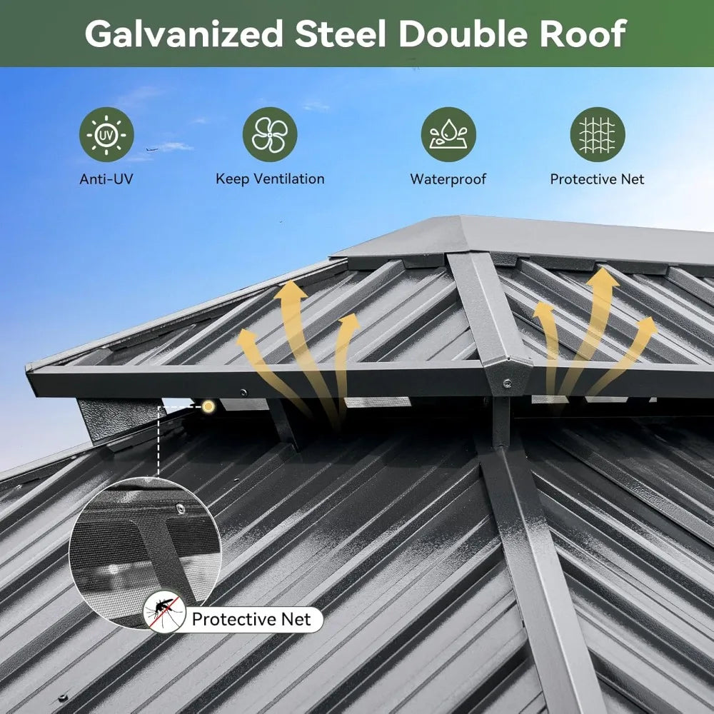 Double Top Gazebo With Galvanized Steel Roof And Privacy Curtains