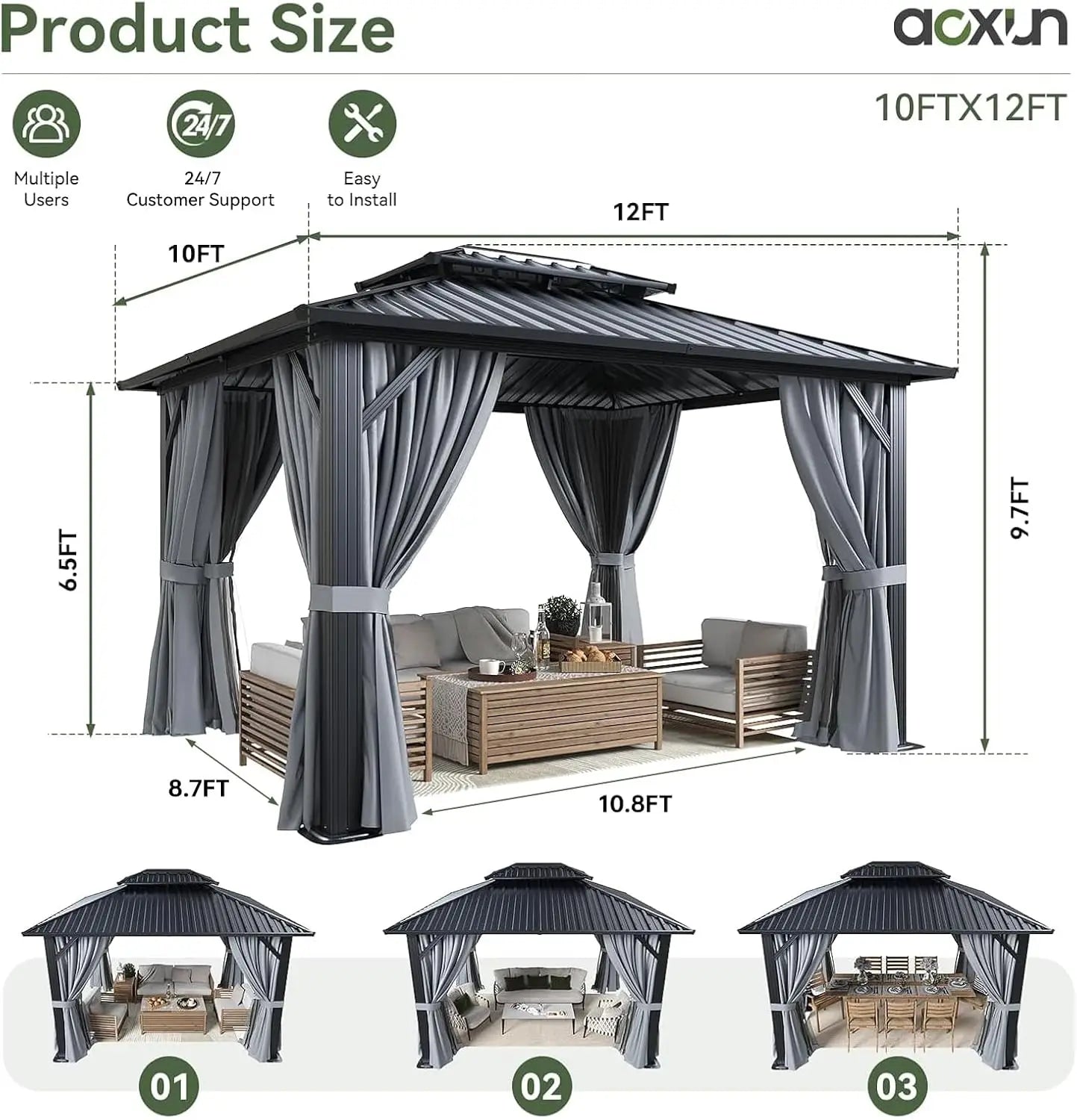 Double Top Gazebo With Galvanized Steel Roof And Privacy Curtains