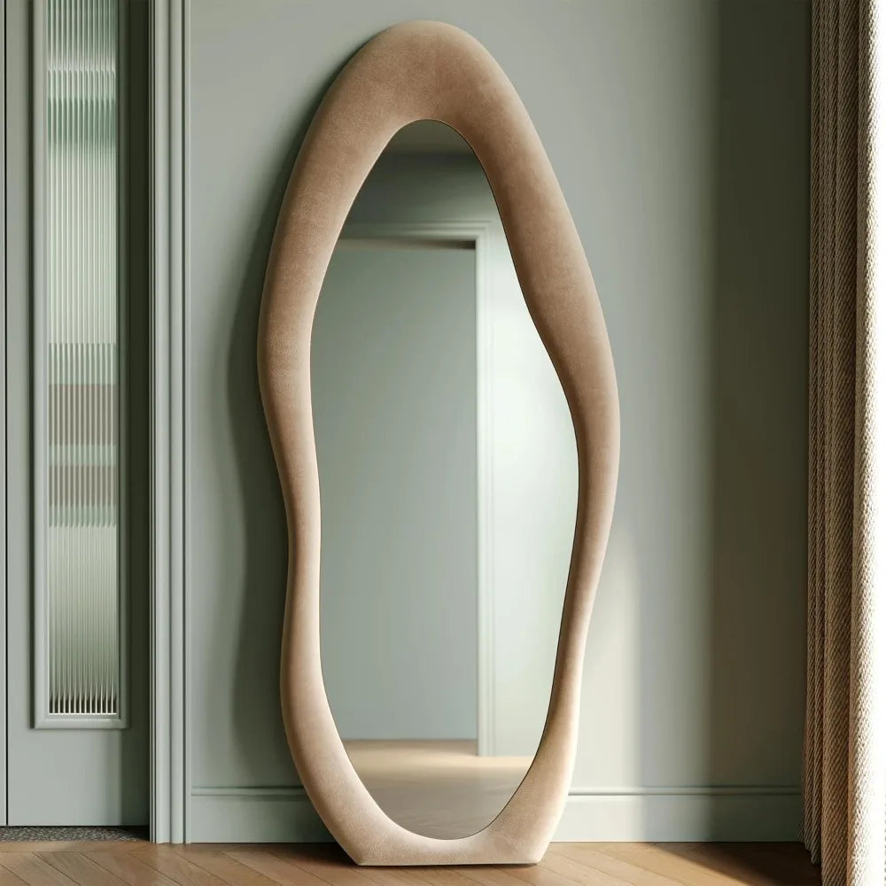 Irregular Wave Wall Mirror With Wooden Frame For Dressing Rooms