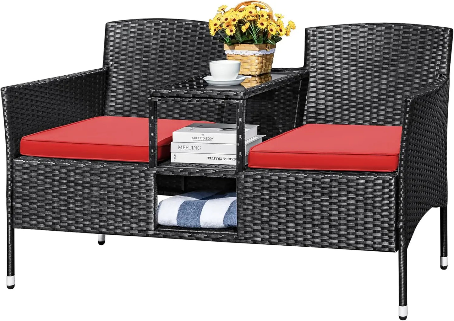 Outdoor Rattan Conversation Set With Cushions And Coffee Table