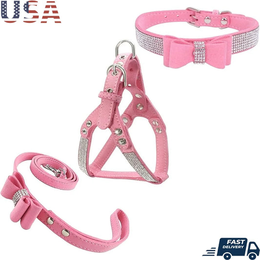 Diamante Bowtie Dog Collar Harness Leash Set Microfiber