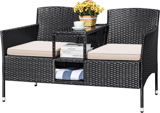 Outdoor Rattan Conversation Set With Cushions And Coffee Table