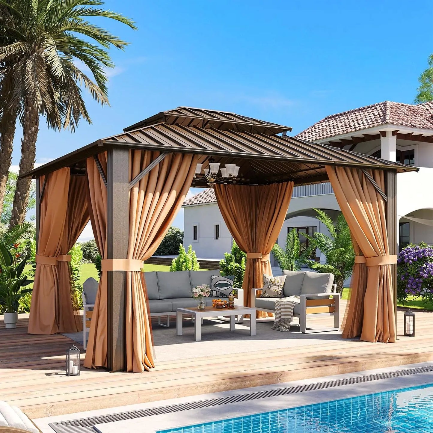 Double Top Gazebo With Galvanized Steel Roof And Privacy Curtains
