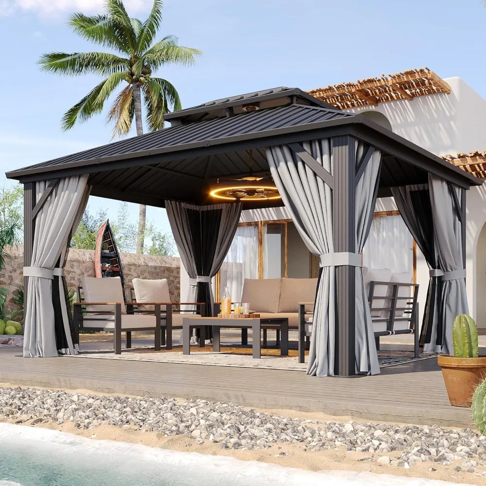 Double Top Gazebo With Galvanized Steel Roof And Privacy Curtains