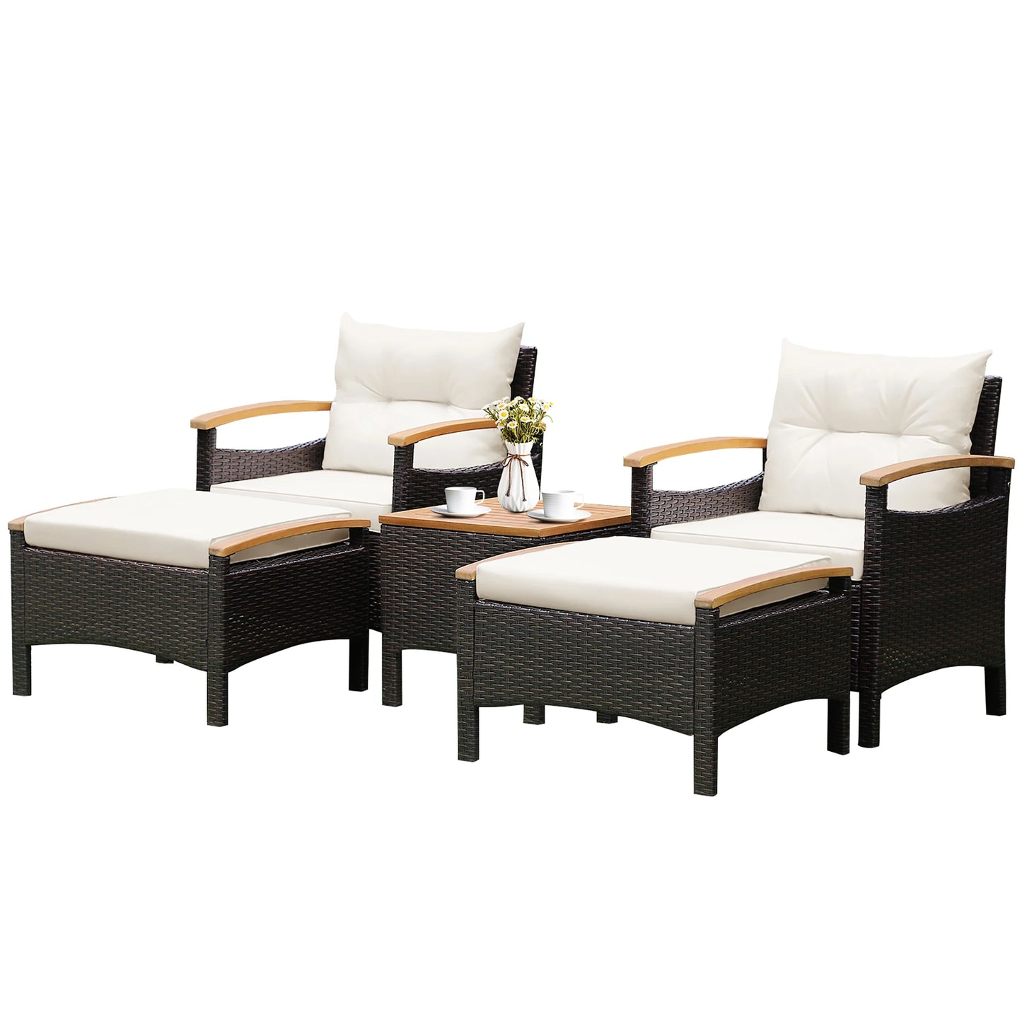 HOMASIS 5-Piece Patio Rattan Furniture Set Sofa Ottoman Cushioned Table