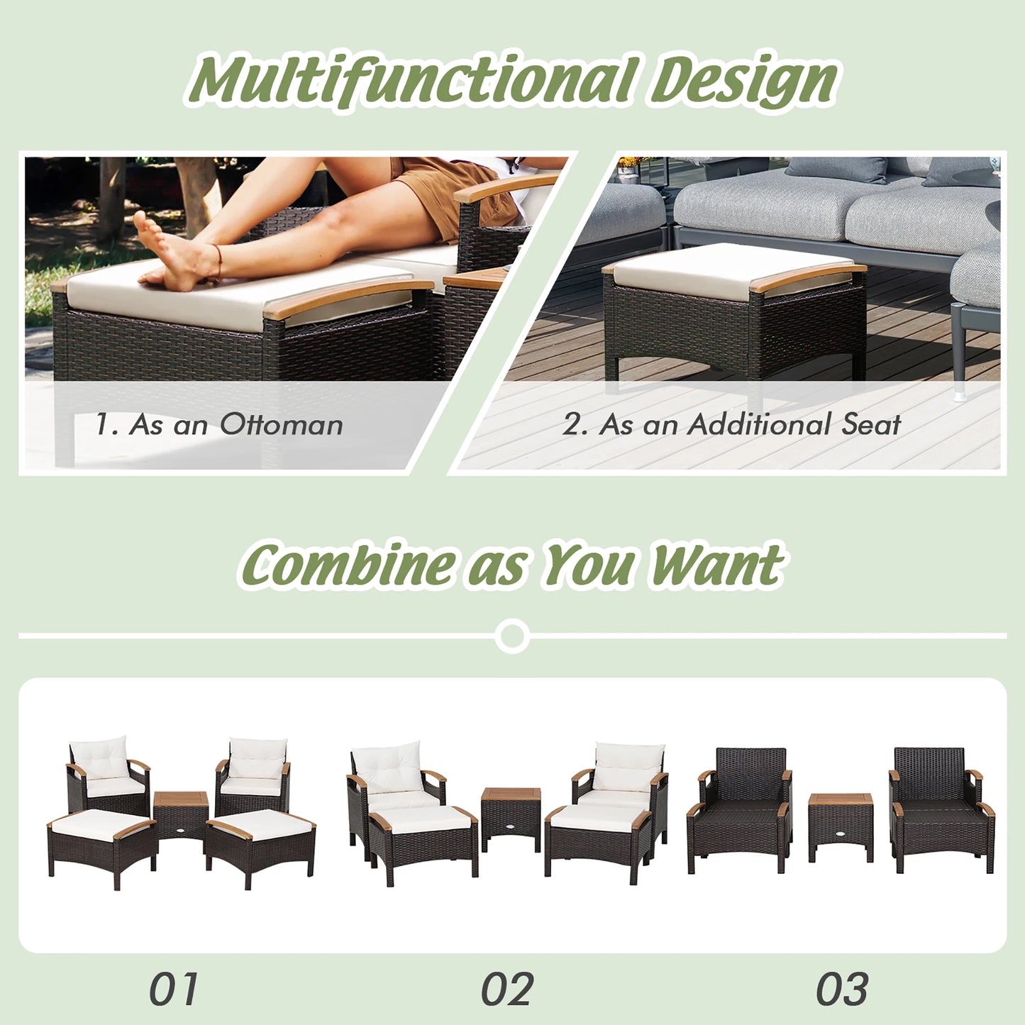 HOMASIS 5-Piece Patio Rattan Furniture Set Sofa Ottoman Cushioned Table