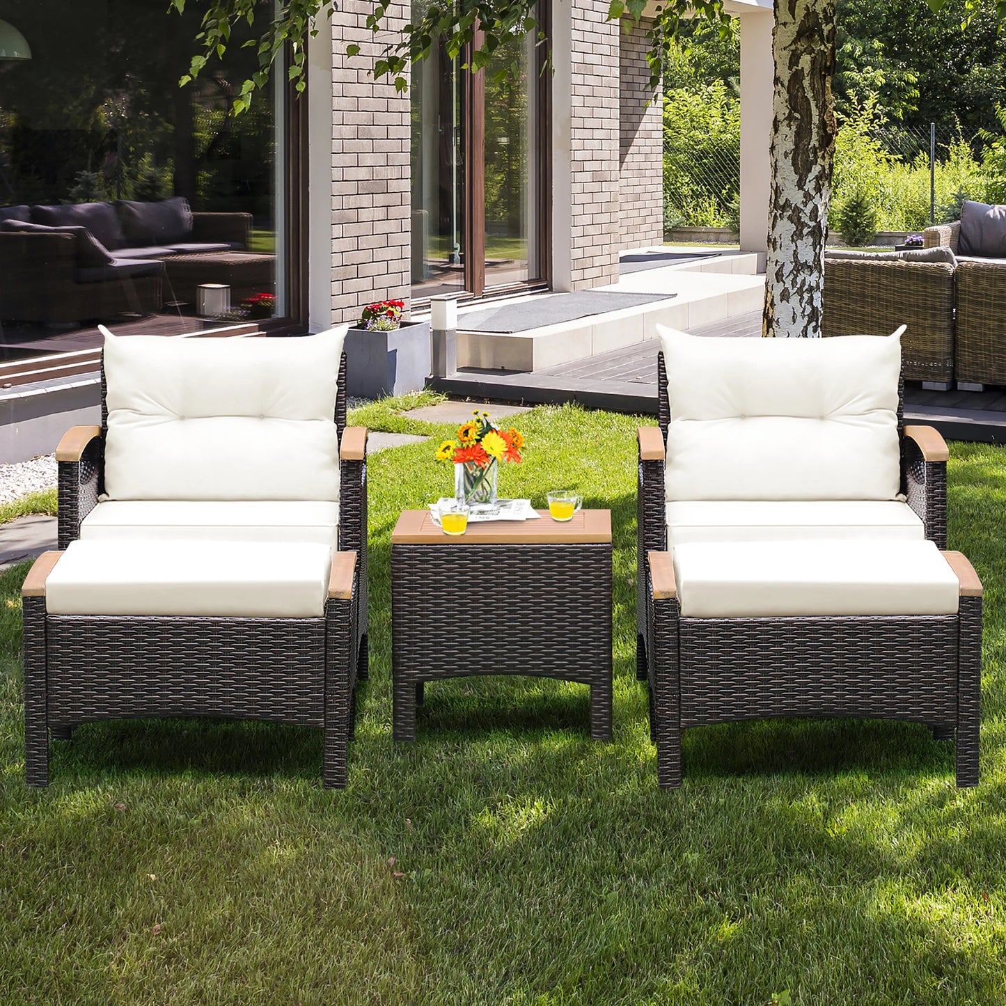 HOMASIS 5-Piece Patio Rattan Furniture Set Sofa Ottoman Cushioned Table