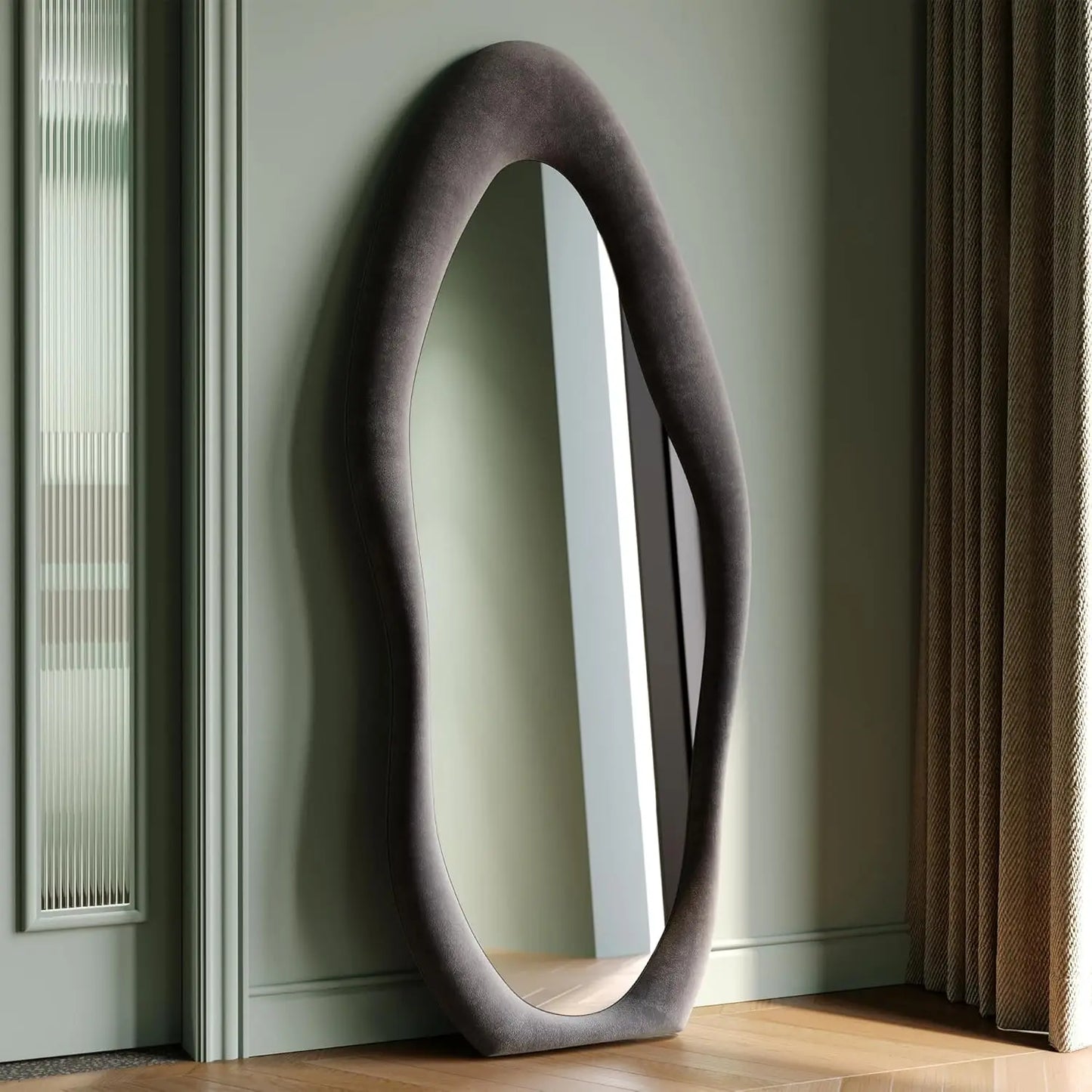 Irregular Wave Wall Mirror With Wooden Frame For Dressing Rooms