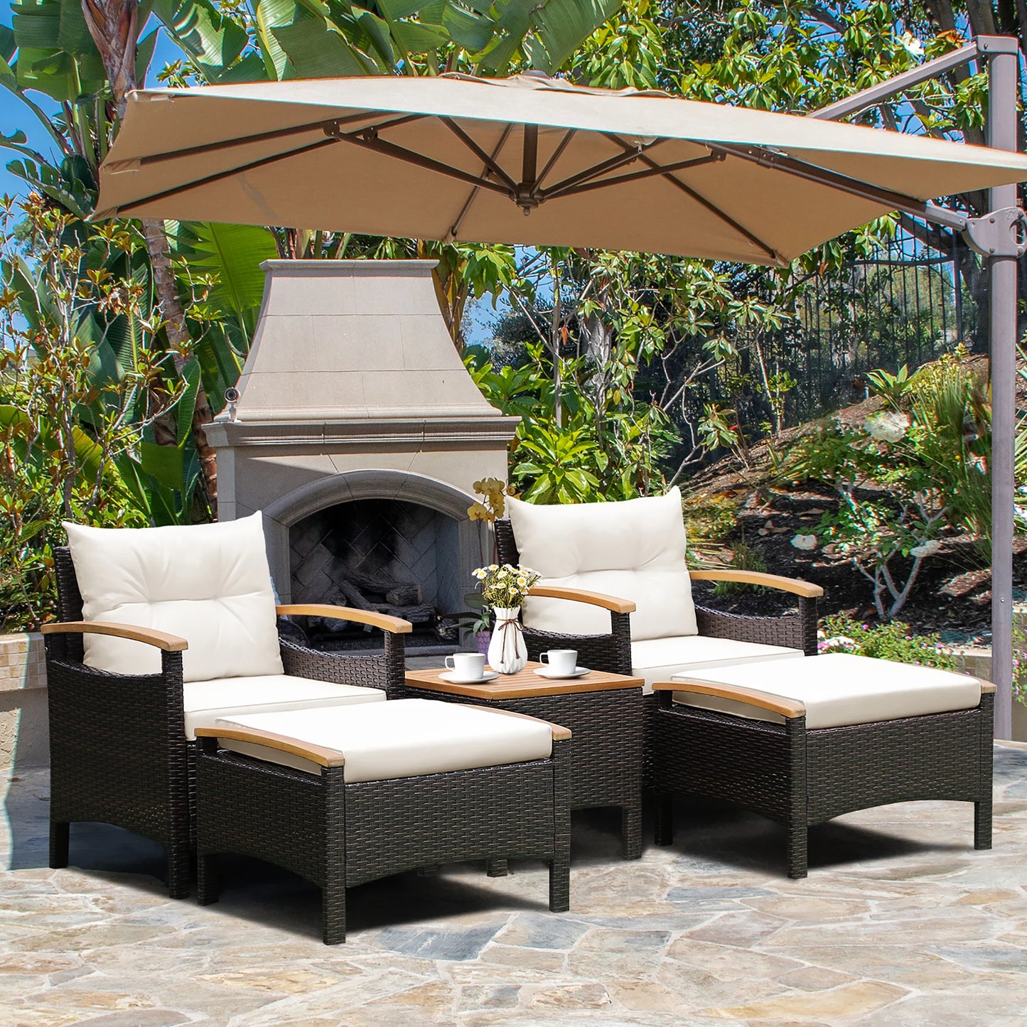 HOMASIS 5-Piece Patio Rattan Furniture Set Sofa Ottoman Cushioned Table