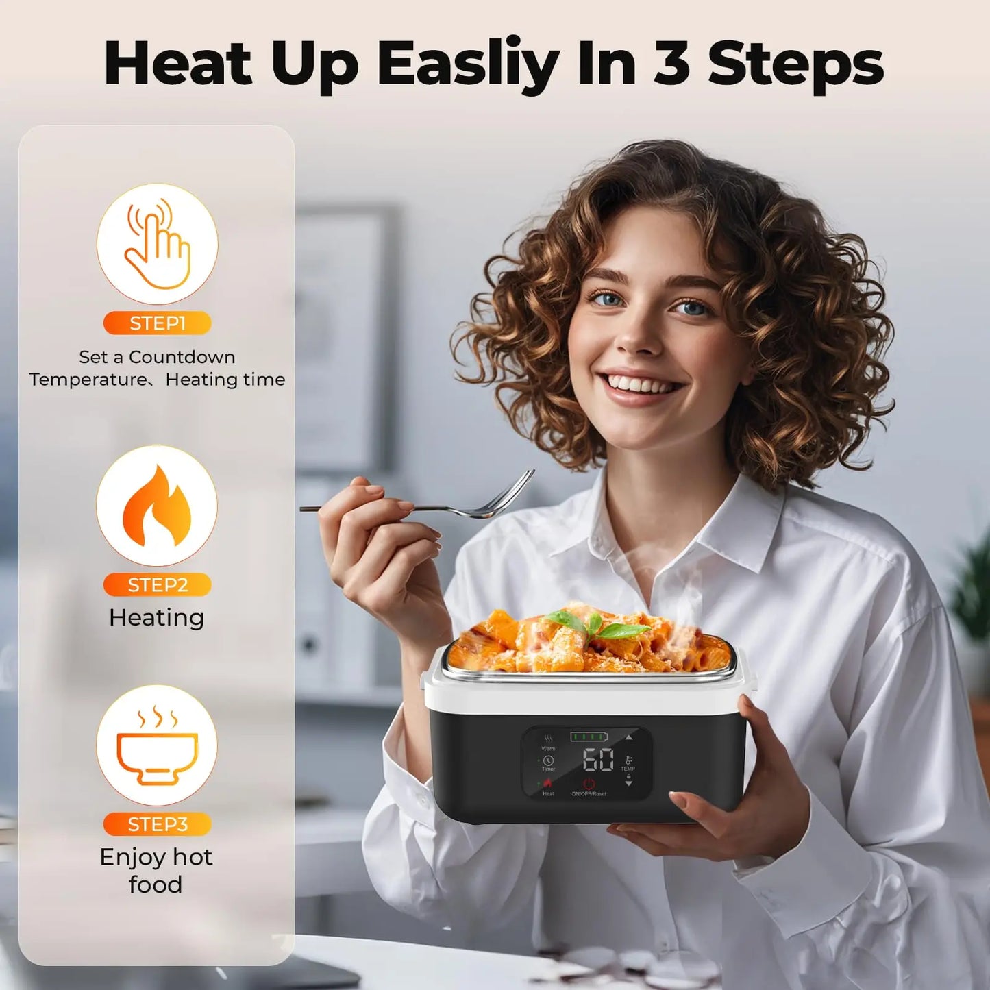 Stainless Steel Wireless Heated Lunch Box 60W 8000mAh Battery