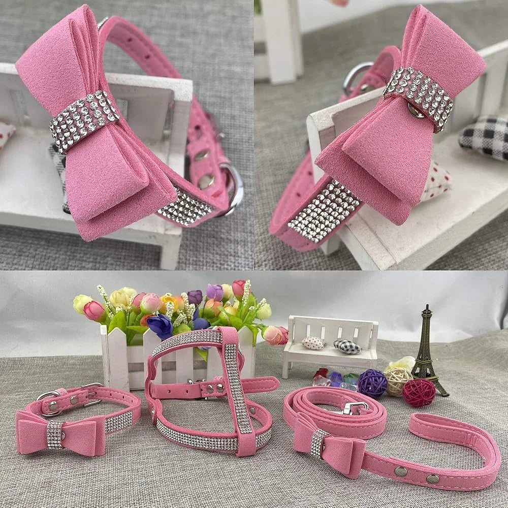 Diamante Bowtie Dog Collar Harness Leash Set Microfiber