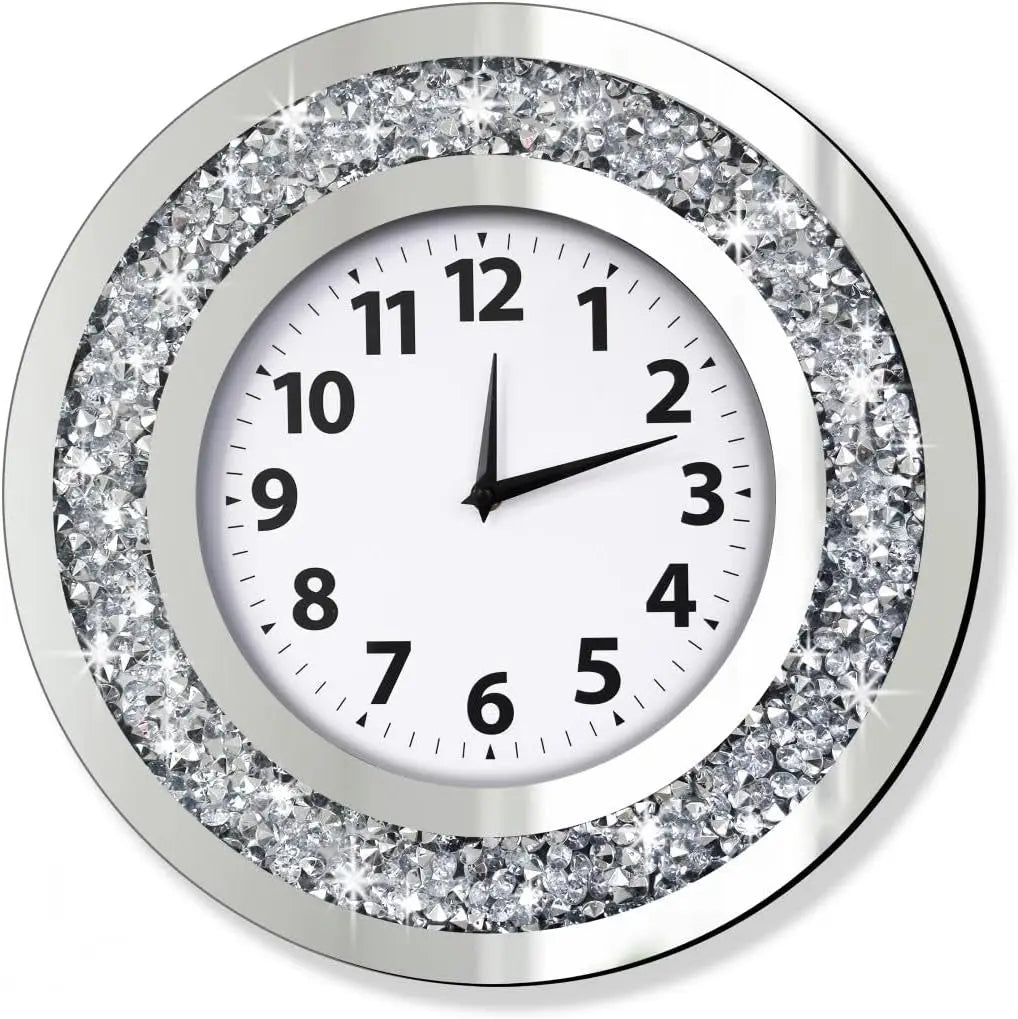 Crystal Diamond Mirror Wall Clock With Silent Quartz Movement