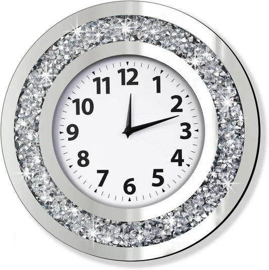 Crystal Diamond Mirror Wall Clock With Silent Quartz Movement