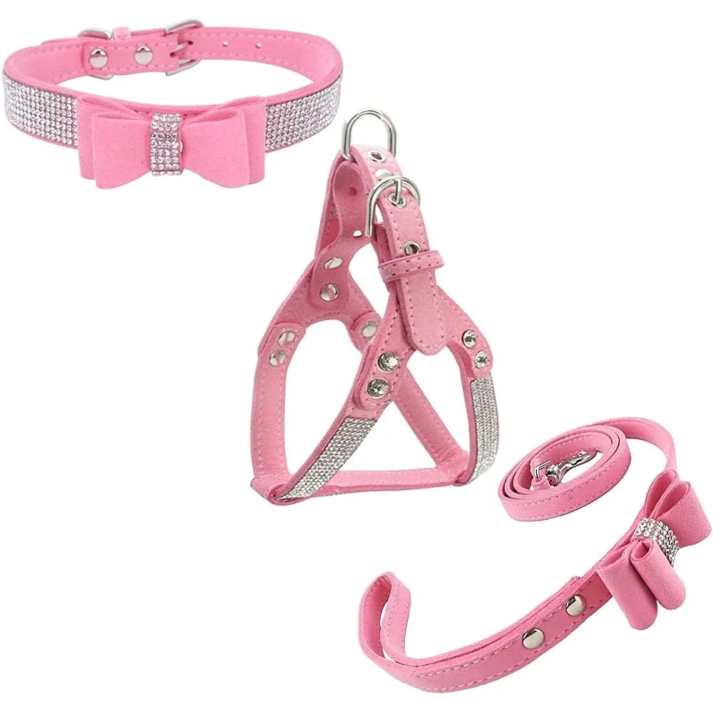 Diamante Bowtie Dog Collar Harness Leash Set Microfiber