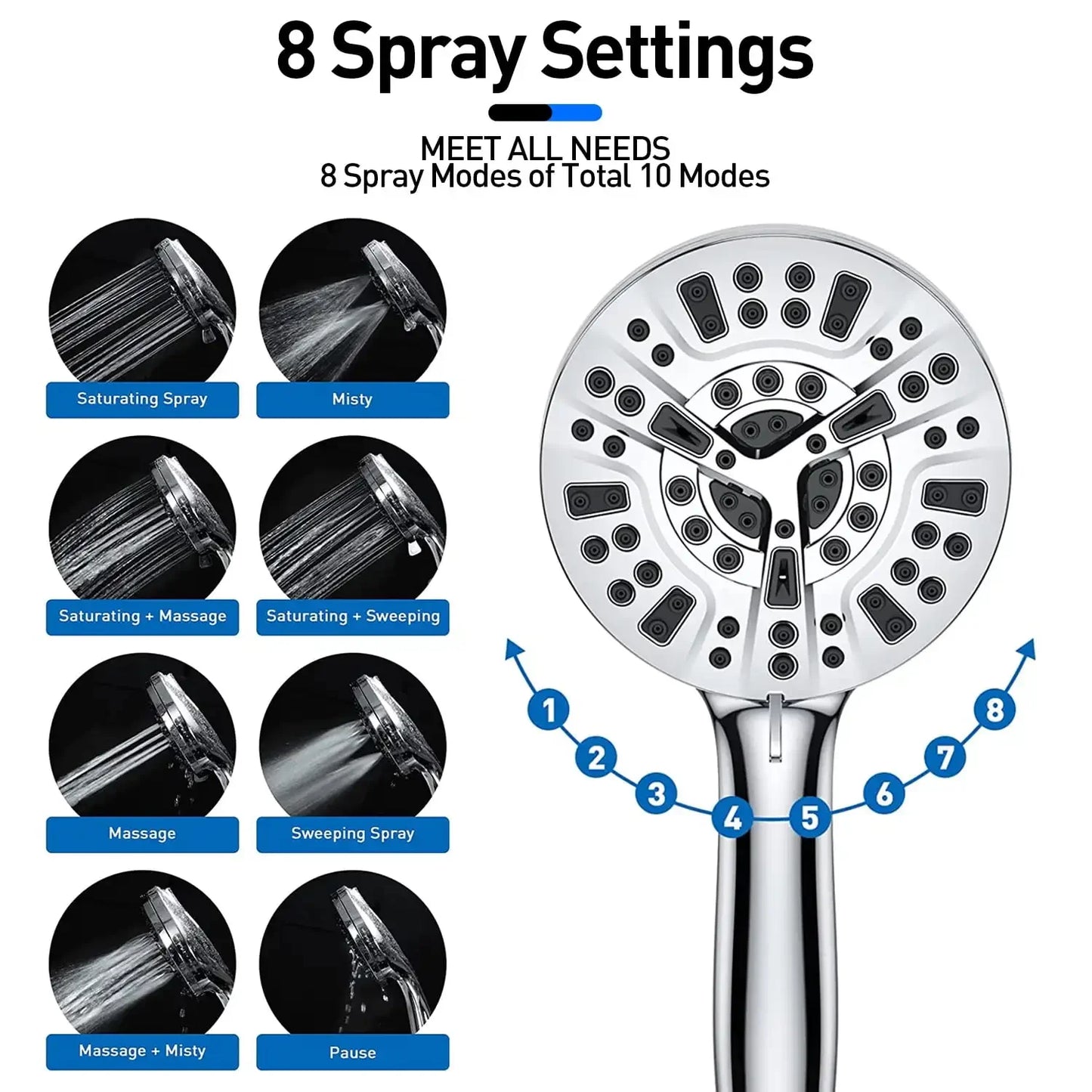 10-Setting High-Pressure Handheld Shower Head With Stainless Steel Hose Holder