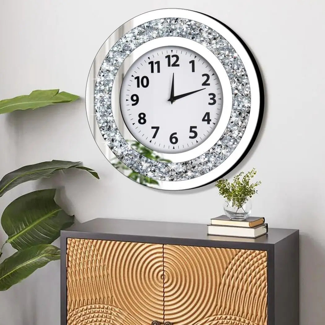 Crystal Diamond Mirror Wall Clock With Silent Quartz Movement