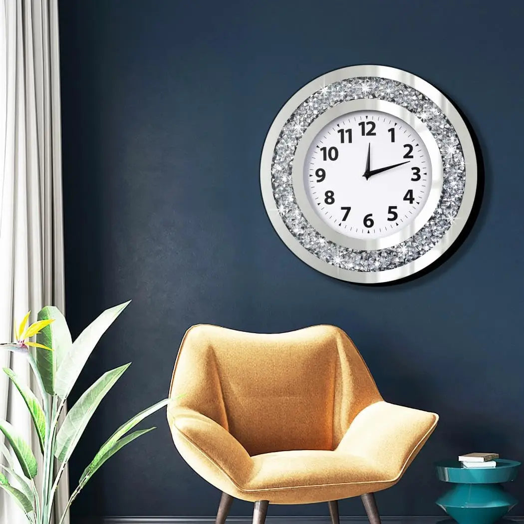 Crystal Diamond Mirror Wall Clock With Silent Quartz Movement