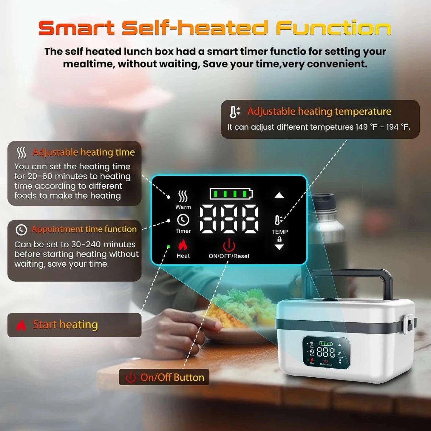 Stainless Steel Wireless Heated Lunch Box 60W 8000mAh Battery